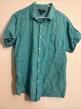 Marc Anthony Teal Short-Sleeve Linen cotton Button-Down Shirt